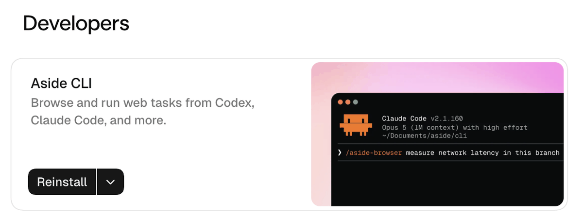 Aside 설정의 Developers 화면. Aside CLI 칸에 Codex, Claude Code 등에서 웹 작업을 실행한다는 설명과 Reinstall 버튼이 있고 오른쪽에 터미널 예시 그림이 있다