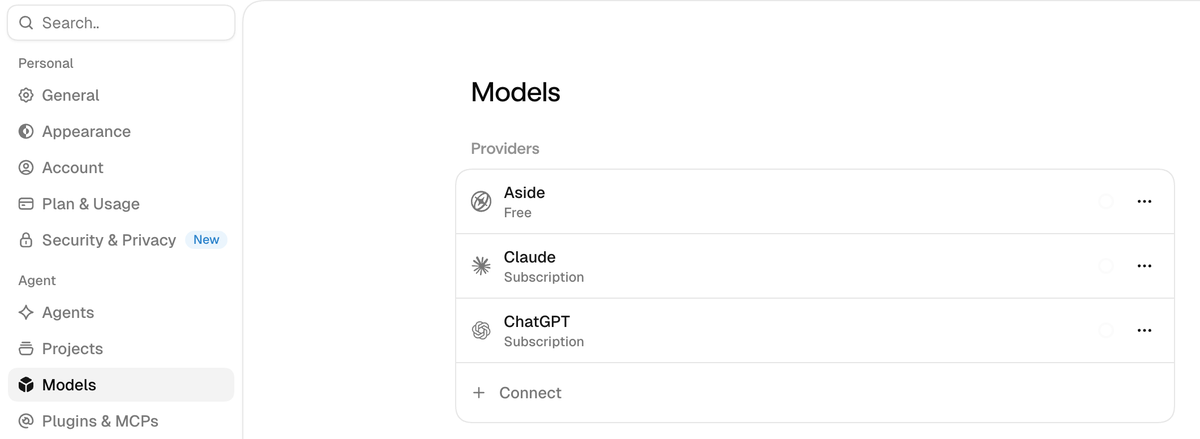Aside 설정의 Models 화면. Providers 목록에 Aside Free, Claude Subscription, ChatGPT Subscription 세 줄이 있고 아래에 Connect 버튼이 있다