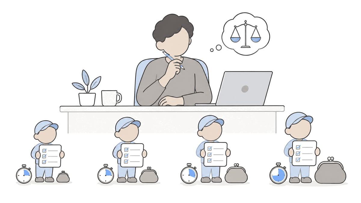 책상에 앉은 사람 앞에 똑같은 체크리스트를 든 작은 도우미 네 명이 서 있고, 도우미마다 옆에 초시계와 크기가 다른 동전 지갑이 놓여 있는 삽화